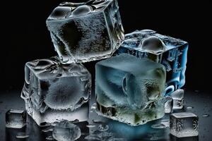 Close-up crystals of transparent ice cube isolated on white background. . photo