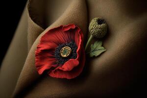 Poppy flower in buttonhole of jacket, symbol of victory in war veteran. . photo