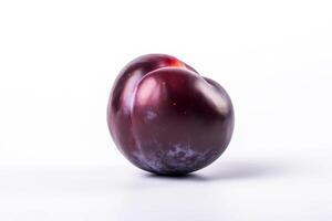 Fresh blue plum with leaf, isolate on white background. Macro studio shot. . photo