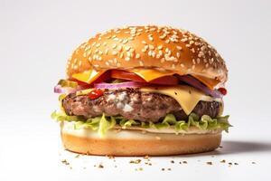 Delicious fresh burger with beef and pork cutlet, melted cheese and tomato on a white background, isolate. . photo