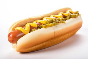 Fresh hot dog with sausage and sauces, mayonnaise, ketchup and mustard, and cabbage. . photo