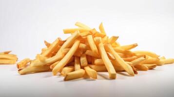 Fried hanging french fries with salt in a pile on a white background isolate. . photo