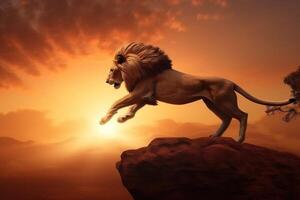 Lion in a coat on Africa Day in nature against the backdrop of the rising sun. . photo