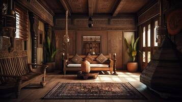 Design of a cozy living room interior in a modern ethnic style. . photo