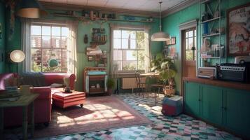 Design of a cozy living room interior in a modern kitsch style. . photo