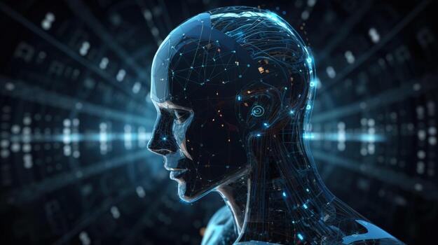 Artificial intelligence, composition of a chrome cyborg robot on a dark background, isolate. . photo