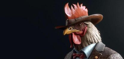 Gentleman, boss rooster with red crest in hat, suit and tie. Banner header. . photo