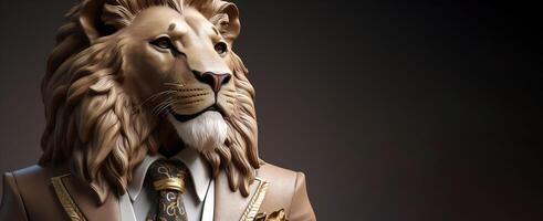 Gentleman, the boss is a formidable lion with a mane in a hat, suit and tie. Banner header. . photo