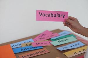 Closeup student's hand hold English vocabulary word card. Concept, education, learning, studying language. Education. Reading and memorizing strategy of learning process for kid. Practice make perfect photo