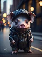 un cerdo en un cuero chaqueta soportes en el calle ai generado foto