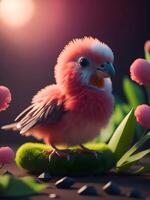 A bird with a pink head and white feathers on it photo