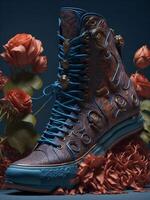 A pair of blue and orange high top sneakers with flowers on the background photo