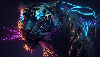 neon tiger, digital art illustration, photo