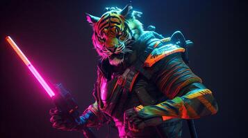 tiger neonpunk, digital art illustration, photo