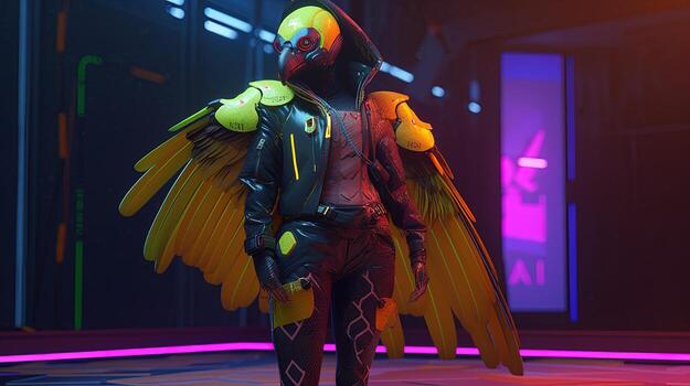 tucán vistoso cyberpunk atuendo, digital Arte ilustración, generativo ai foto
