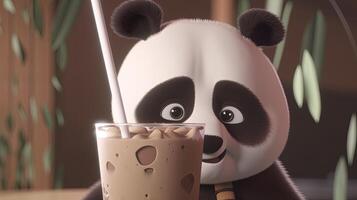 cute panda boba milk tea, digital art illustration, photo