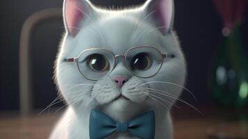 funny white cat wearing bow tie and glasses, digital art illustration, photo