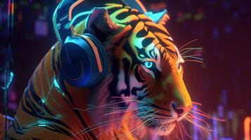 tiger with headphones, digital art illustration, photo