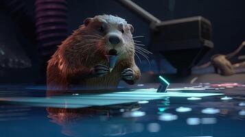 beaver dive into virtual world, digital art illustration, photo