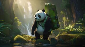 panda backpacker, digital art illustration, photo