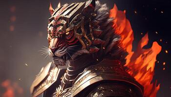 flame tiger warrior, digital art illustration, photo