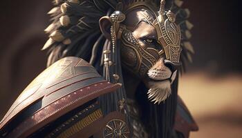 tribal lion warrior, digital art illustration, photo