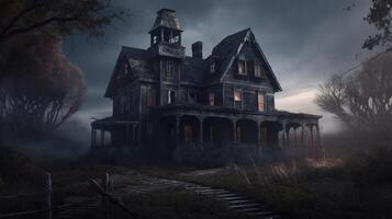 spooky and abandoned big old house, digital art illustration, photo