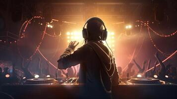DJ wearing headphones, digital art illustration, photo