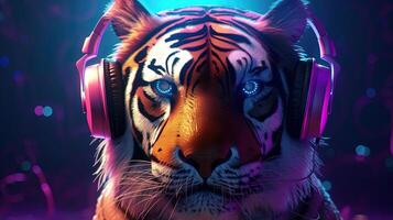 tiger with headphones, digital art illustration, photo