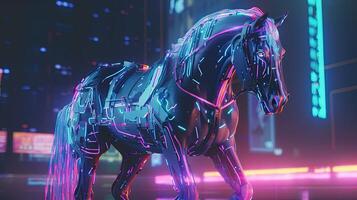 majestic horse cyberpunk, digital art illustration, photo