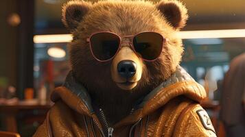 bear wearing sunglasses and jacket, digital art illustration, photo