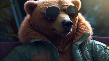 bear wearing sunglasses and jacket, digital art illustration, photo