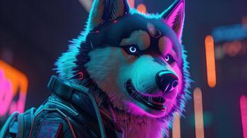 cyberpunk husky, digital art illustration, photo