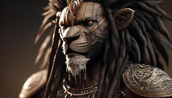tribal lion warrior, digital art illustration, photo