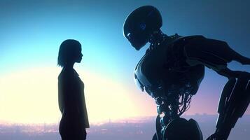 robot and human silhouettes, digital art illustration, photo