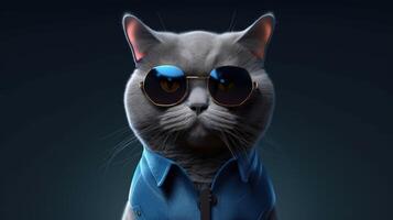 british shorthair cat wearing sunglasses and shirt, digital art illustration, photo