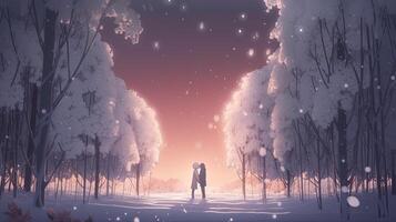 couple embraces in a snow, digital art illustration, photo