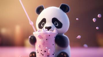 cute panda boba milk tea, digital art illustration, photo