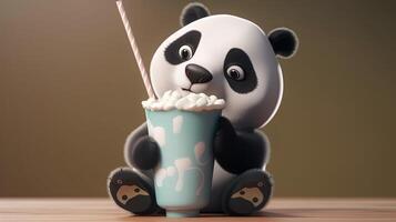 cute panda boba milk tea, digital art illustration, photo