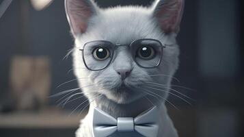 funny white cat wearing bow tie and glasses, digital art illustration, photo
