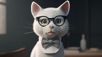 funny white cat wearing bow tie and glasses, digital art illustration, photo