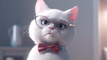 funny white cat wearing bow tie and glasses, digital art illustration, photo