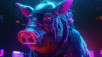 pig neon cyberpunk, digital art illustration, photo