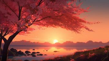sunset and cherry blooms, digital art illustration, photo