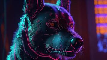 cyberpunk dog portrait, digital art illustration, photo