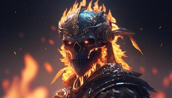 fire skull warrior, digital art illustration, photo