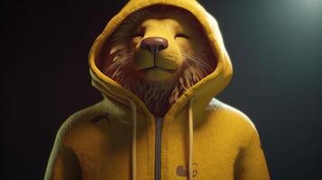 lion wearing yellow hoodie, digital art illustration, photo