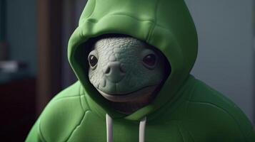 turtle wearing green hoodie, digital art illustration, photo