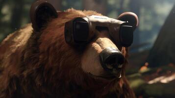 brown bear wearing virtual reality headset, digital art illustration, photo