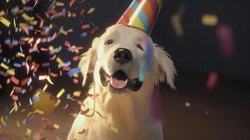 dog wearing party hat, digital art illustration, photo